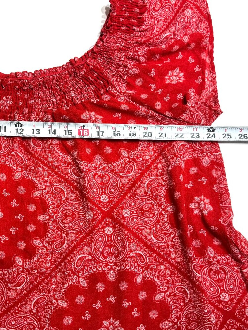 Self Esteem Red Bandana Flowy Blouse 3X Smocked Neckline July 4 Americana - Picture 7 of 9